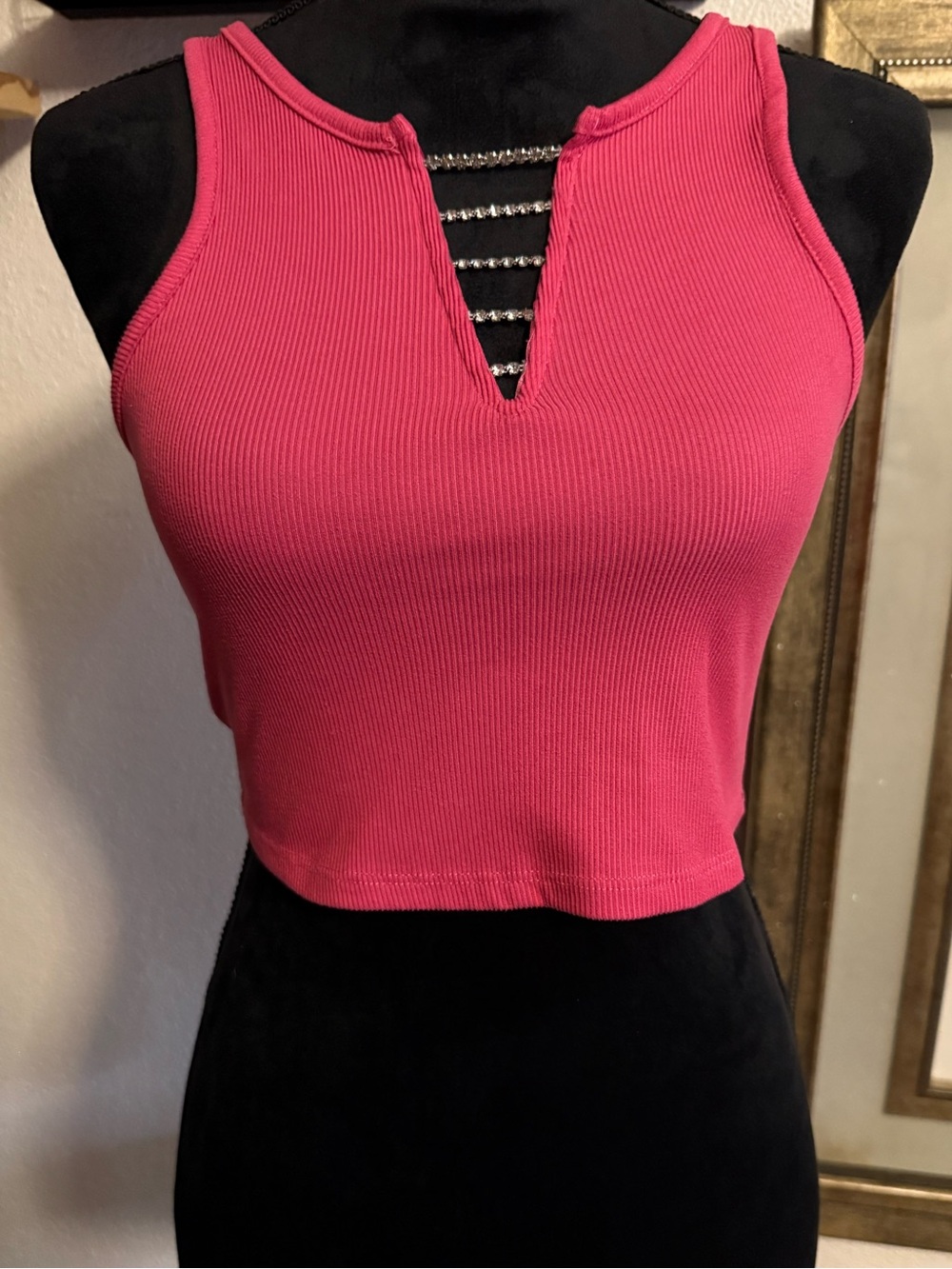 Eyeshadow Pink Rhinestone Ladder Cutout Ribbed Crop Tank Top •Size S•